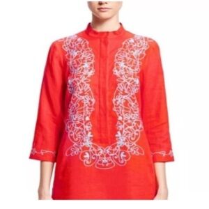 Brooks Brothers Tunic Top Embroidered Linen Long Line coral red blue size 12